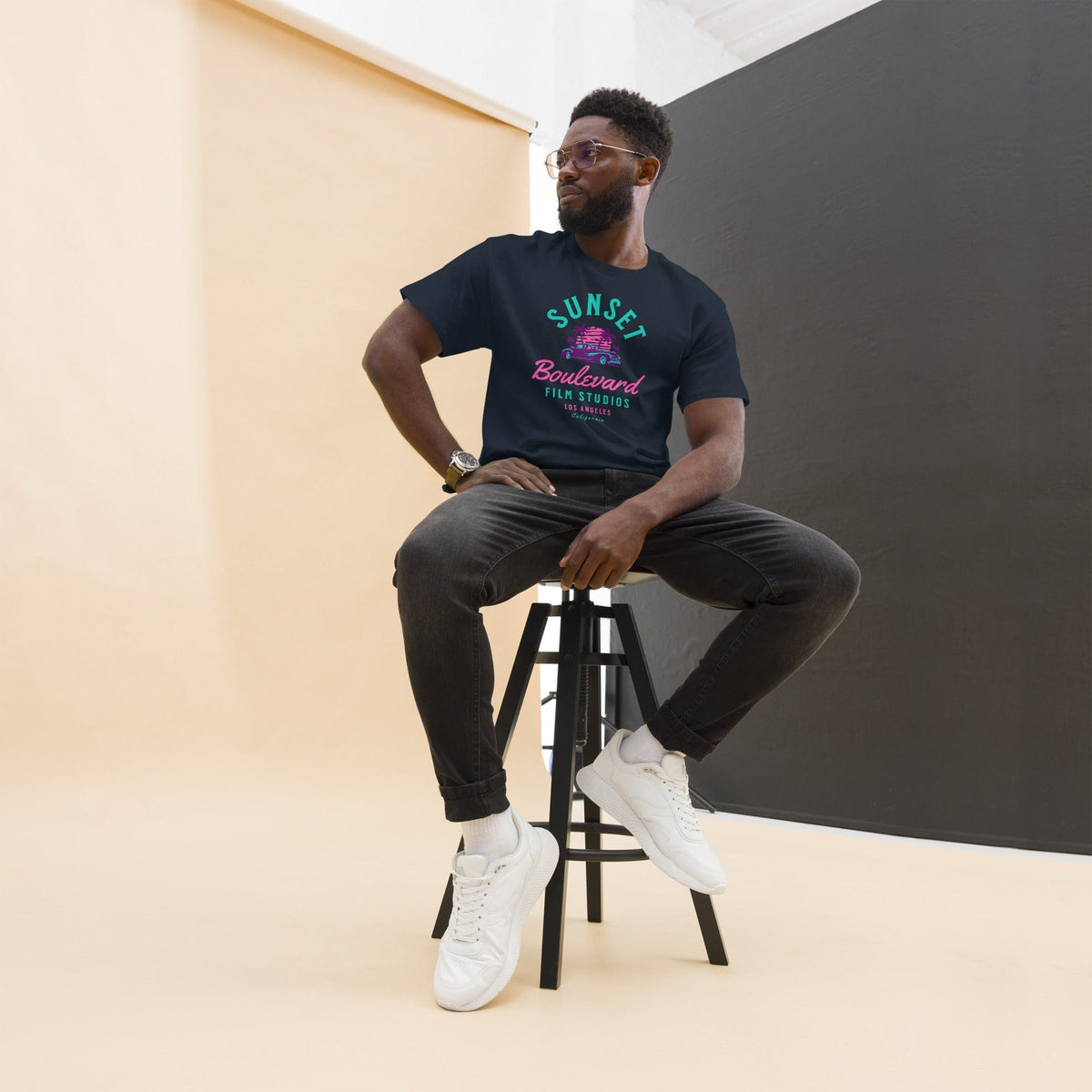 Navy T-shirt with Sunset Boulevard logo and car graphic on chest