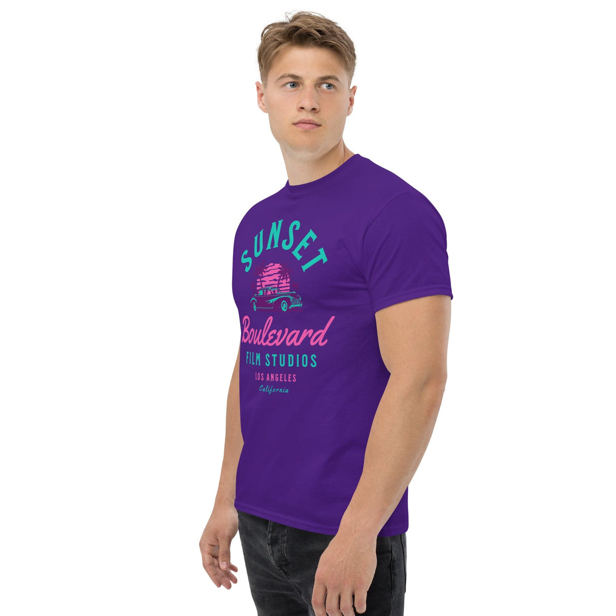 Purple T-shirt with Sunset Boulevard logo and car graphic on chest