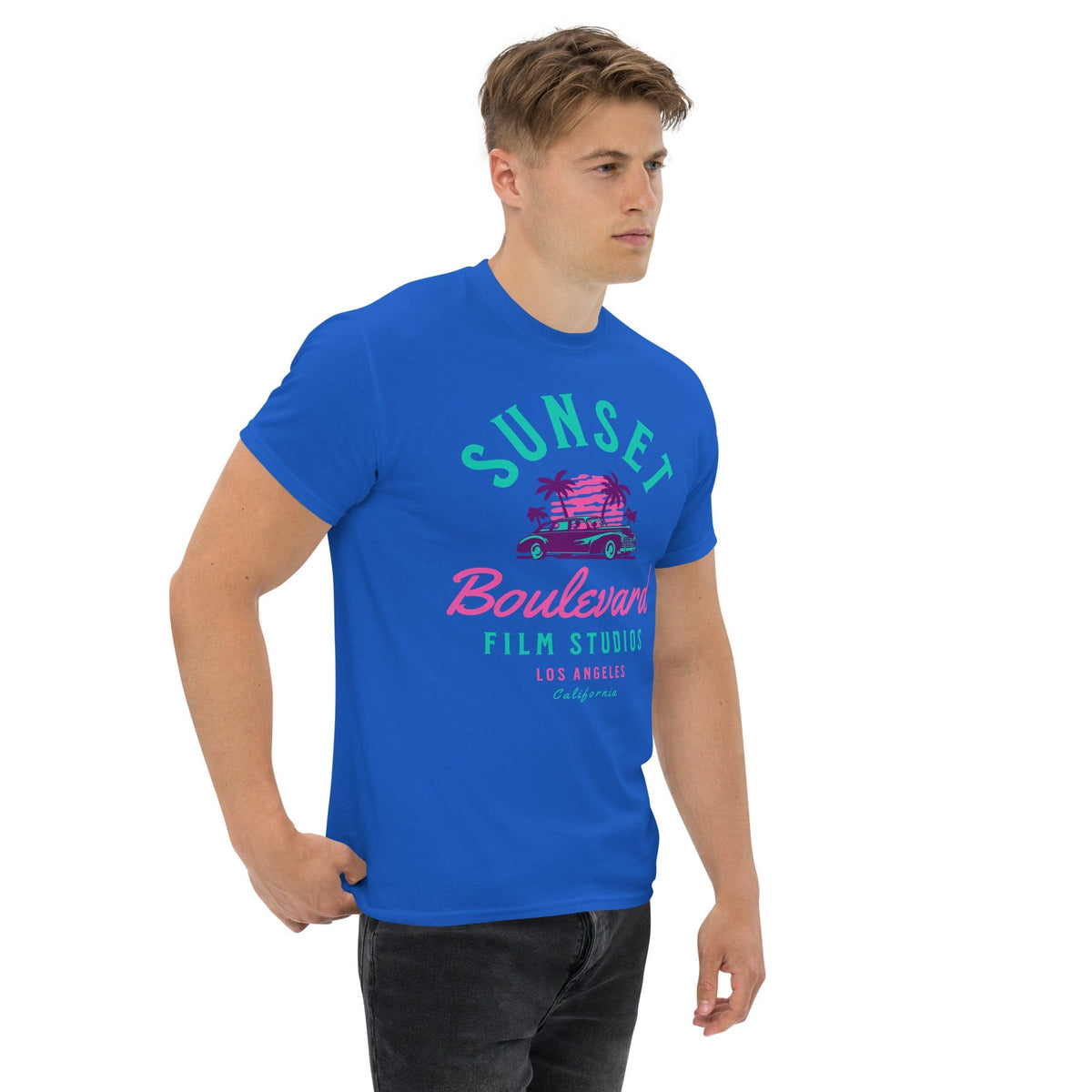 Royal blue T-shirt with Sunset Boulevard logo and car graphic on chest