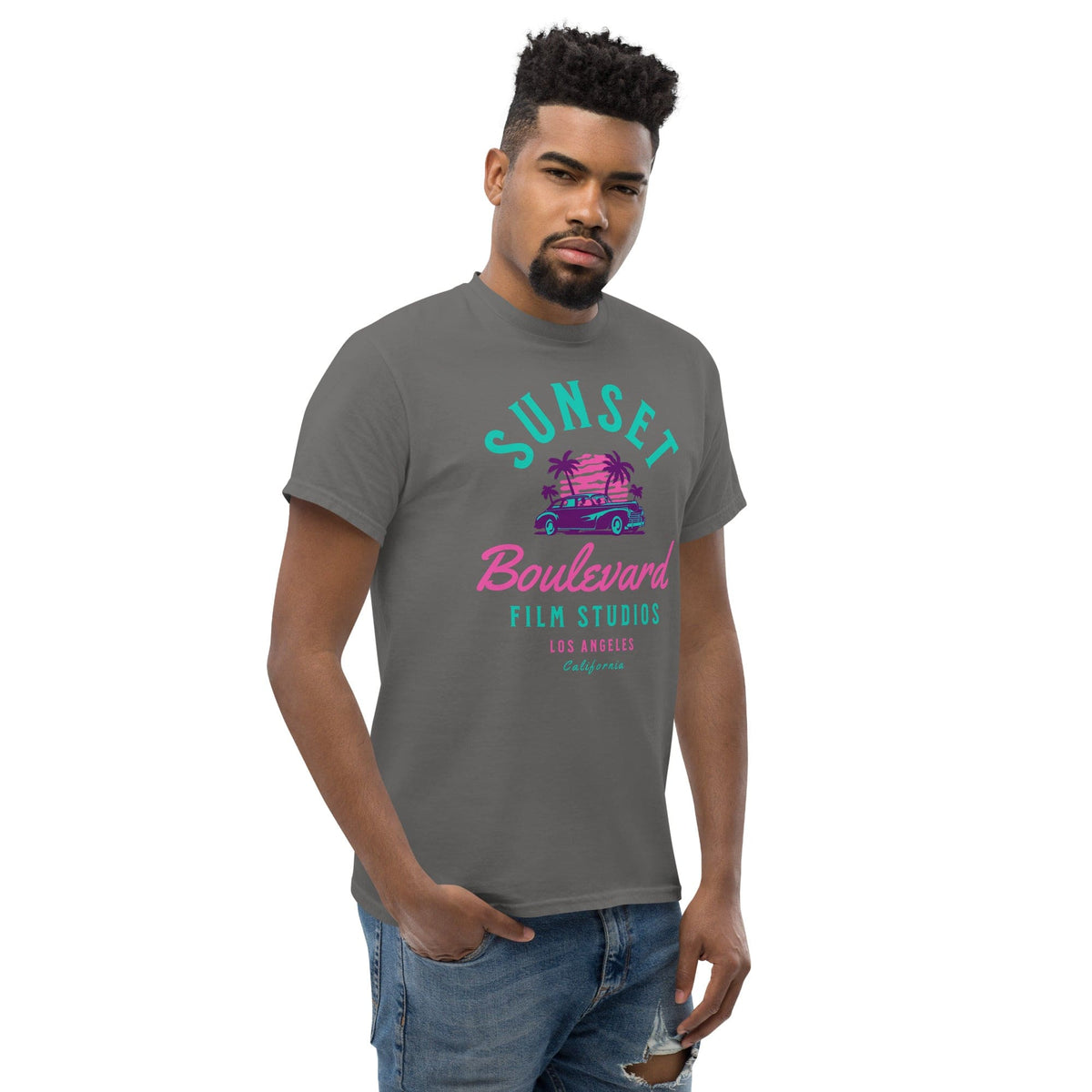 Charcoal gray T-shirt with Sunset Boulevard logo and car graphic on chest