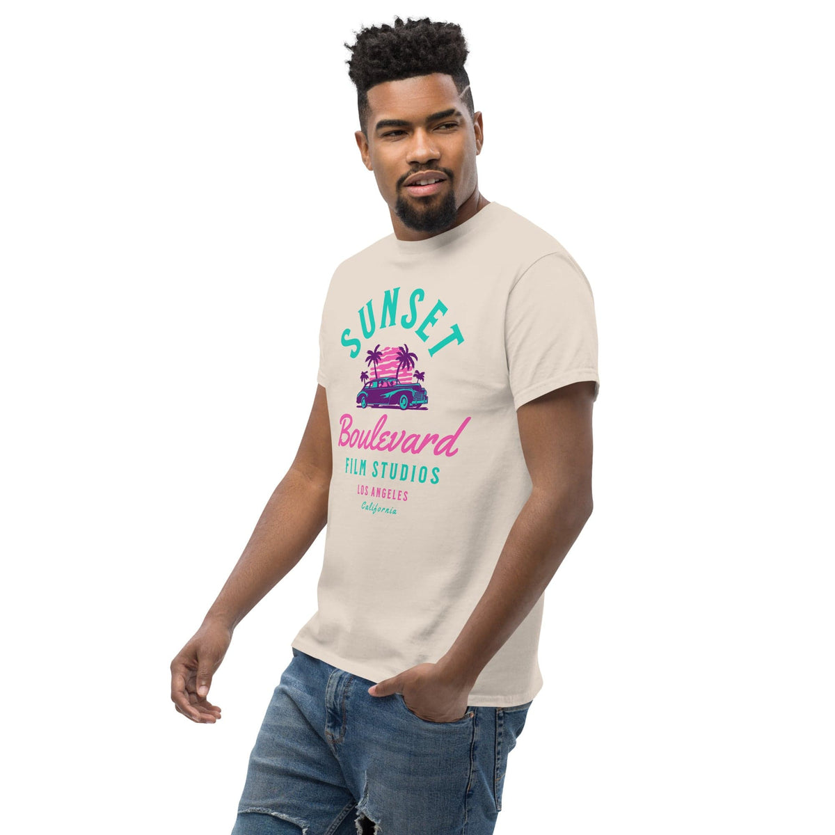 Beige T-shirt with Sunset Boulevard logo and car graphic at center chest