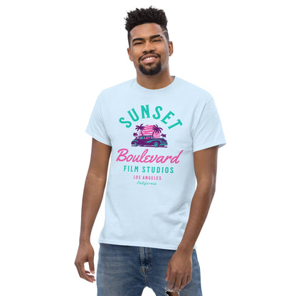 Light blue T-shirt with Sunset Boulevard logo and car graphic on chest