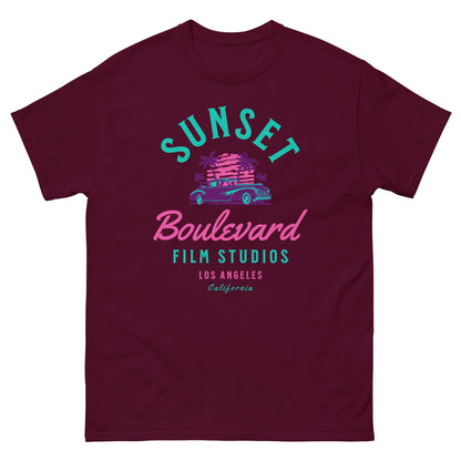Maroon T-shirt with Sunset Boulevard logo and car graphic on front