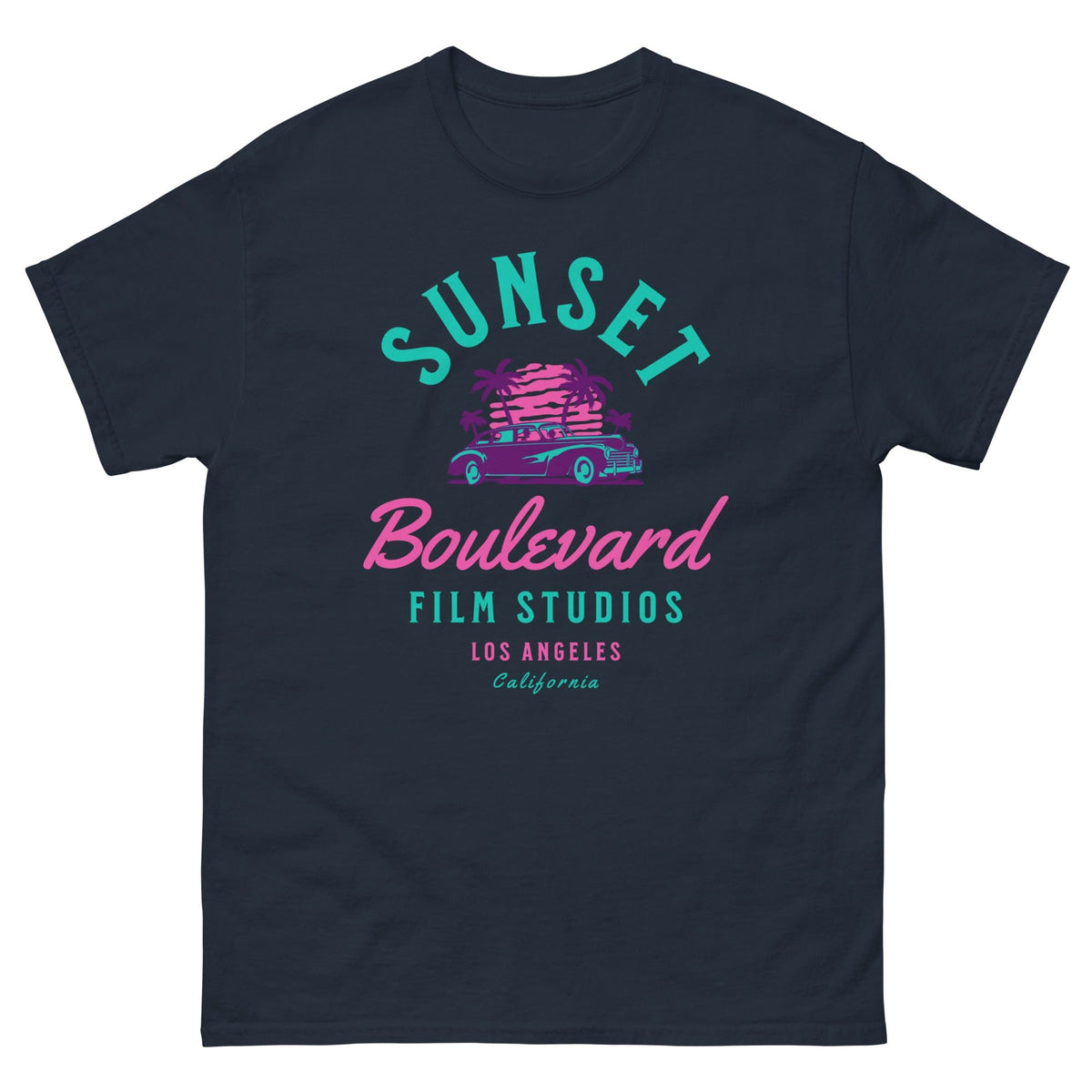 Navy T-shirt with multicolor SUNSET Boulevard Film Studios graphic and palm tree