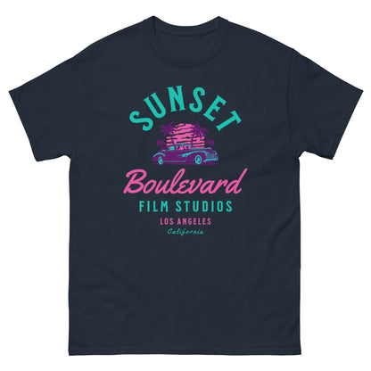 Navy T-shirt with multicolor SUNSET Boulevard Film Studios graphic and palm tree