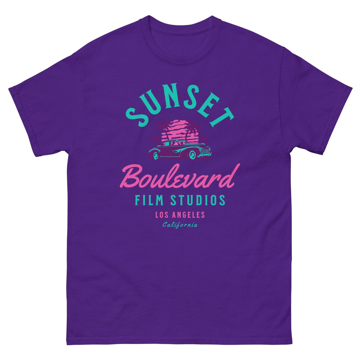 Purple T-shirt with multicolor SUNSET Boulevard Film Studios graphic and palm tree