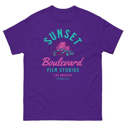 Purple T-shirt with multicolor SUNSET Boulevard Film Studios graphic and palm tree