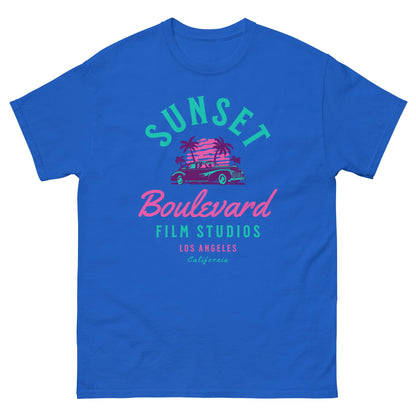 Royal blue T-shirt with multicolor SUNSET Boulevard Film Studios graphic and palm tree