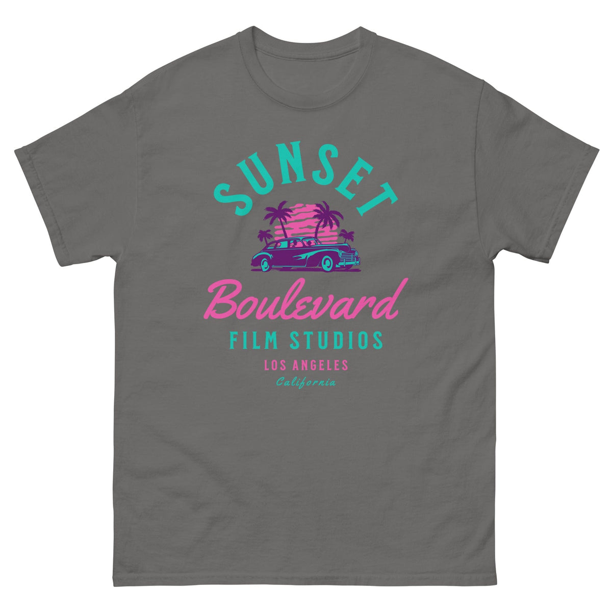 Charcoal T-shirt with multicolor SUNSET Boulevard Film Studios graphic and palm tree