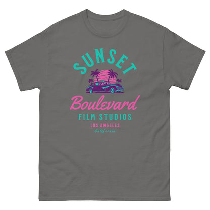 Charcoal T-shirt with multicolor SUNSET Boulevard Film Studios graphic and palm tree
