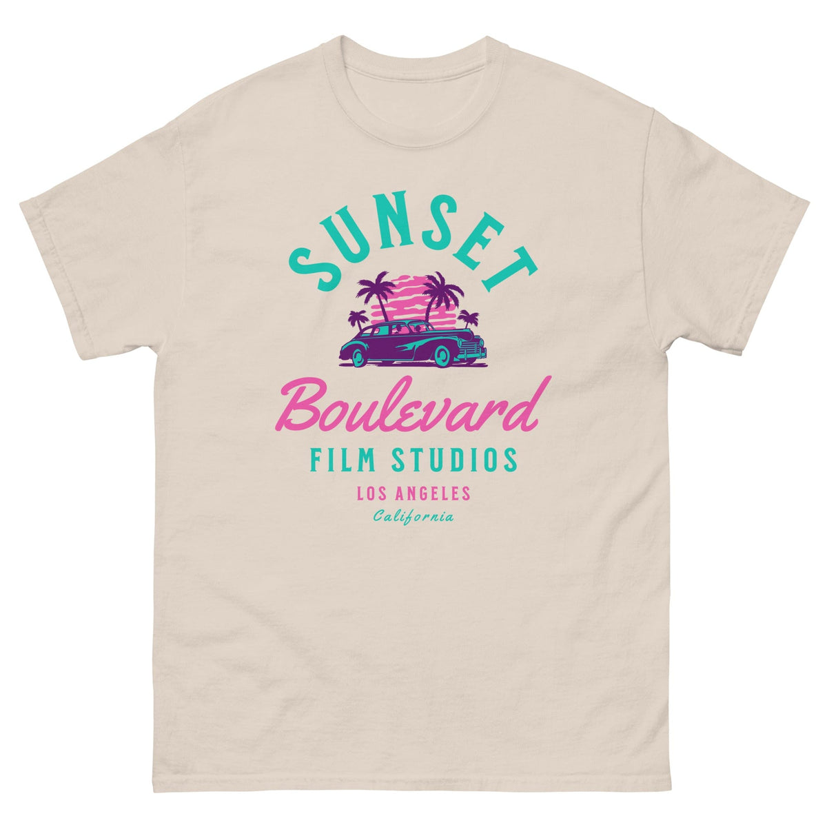 Natural T-shirt with multicolor SUNSET Boulevard Film Studios graphic and palm tree