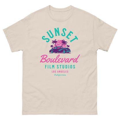 Natural T-shirt with multicolor SUNSET Boulevard Film Studios graphic and palm tree