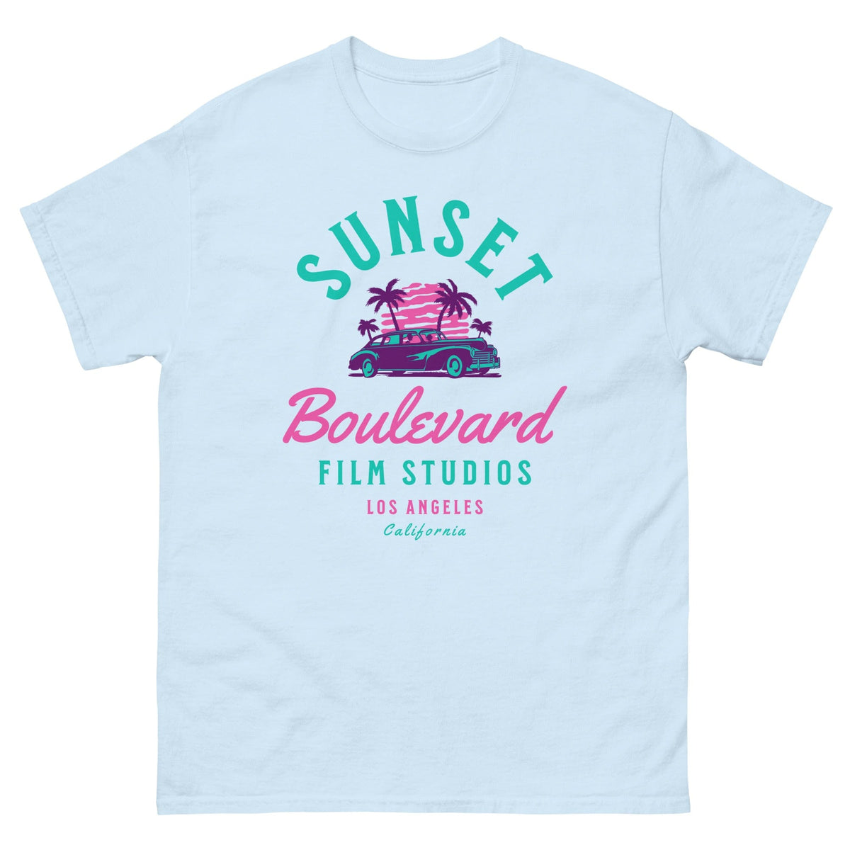 Light blue T-shirt with multicolor SUNSET Boulevard Film Studios graphic and palm tree