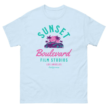 Light blue T-shirt with multicolor SUNSET Boulevard Film Studios graphic and palm tree