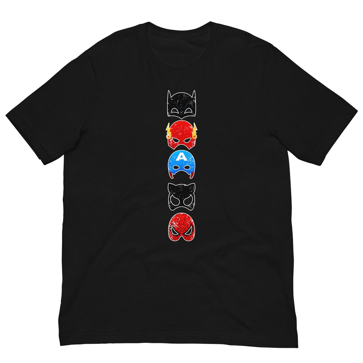 Black Superheroes graphic T-shirt with stacked character face print on the chest