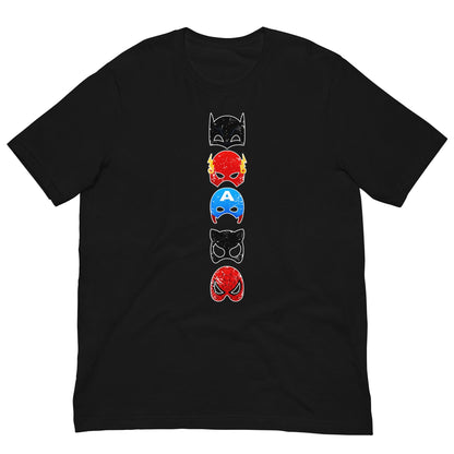Black Superheroes graphic T-shirt with stacked character face print on the chest