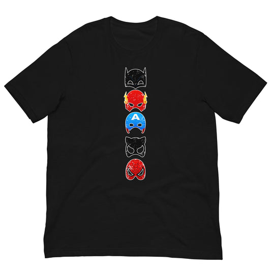 Black Superheroes graphic T-shirt with stacked character face print on the chest