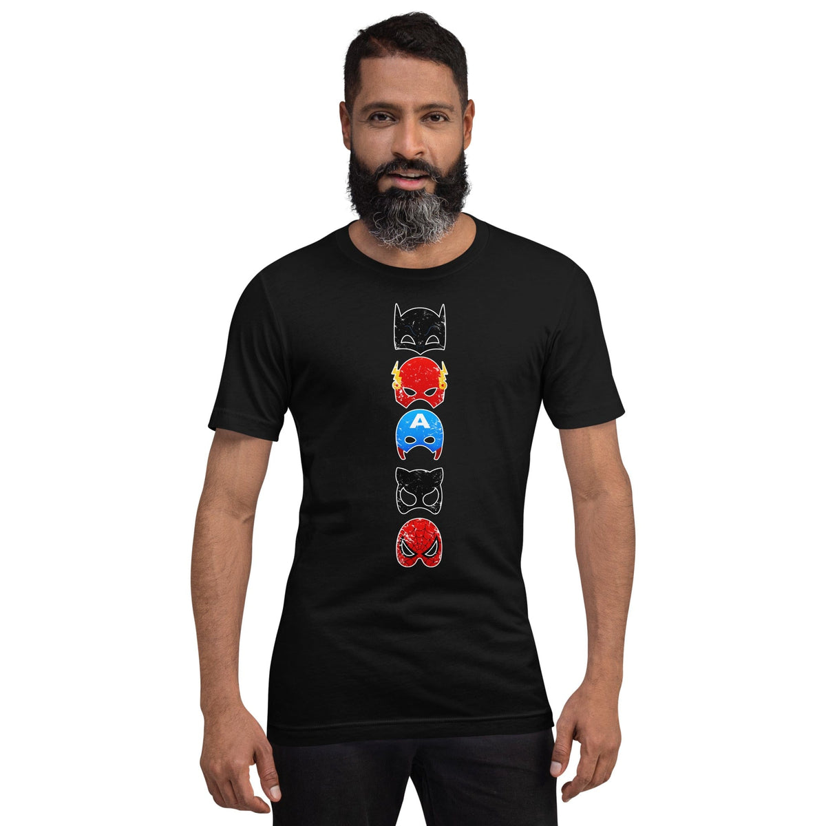 Black Superheroes graphic T-shirt with stacked character face print on the chest