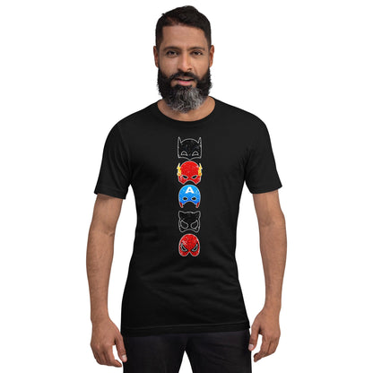 Black Superheroes graphic T-shirt with stacked character face print on the chest