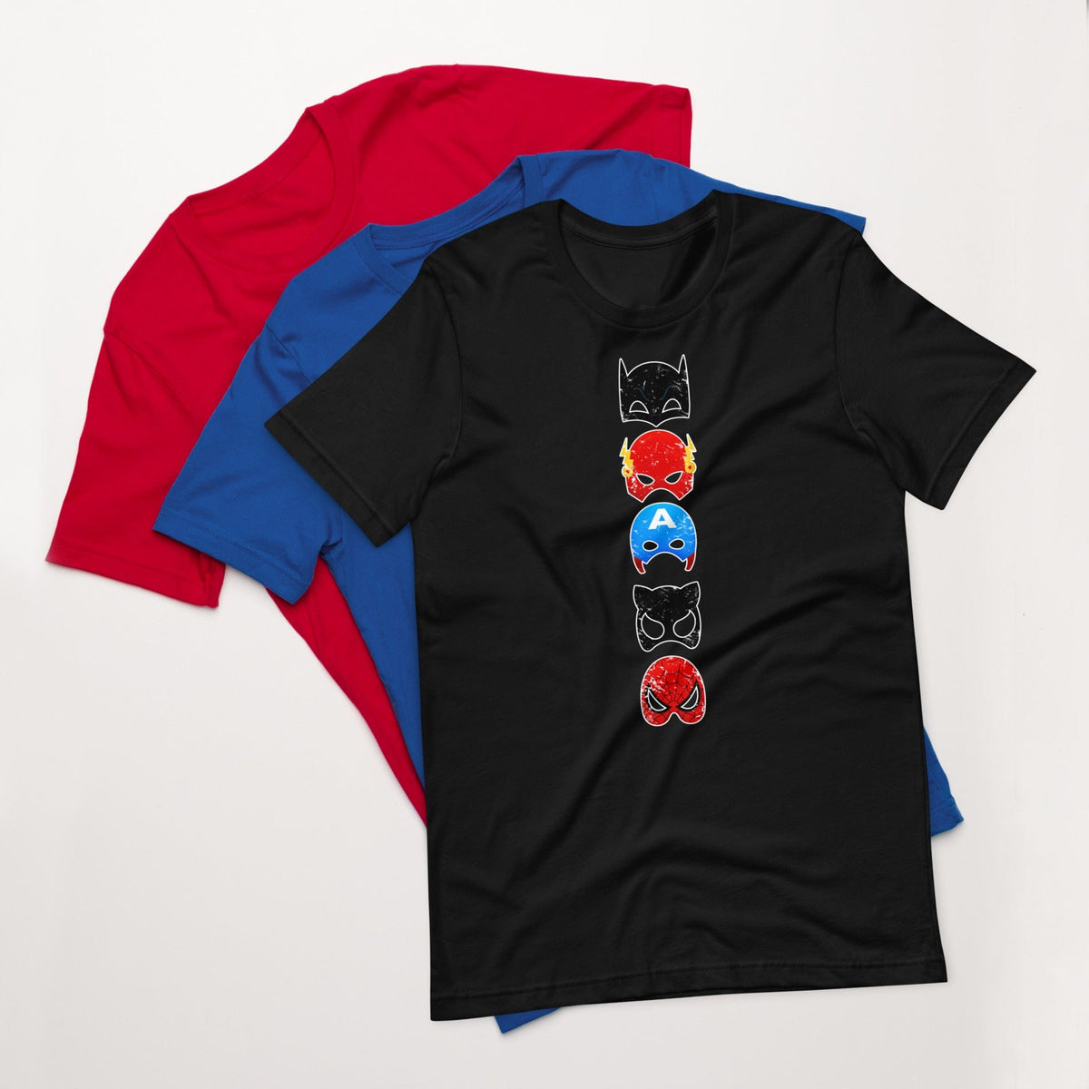 Black Superheroes graphic T-shirt with stacked character face print; extra tees behind