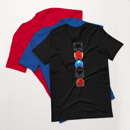 Black Superheroes graphic T-shirt with stacked character face print; extra tees behind
