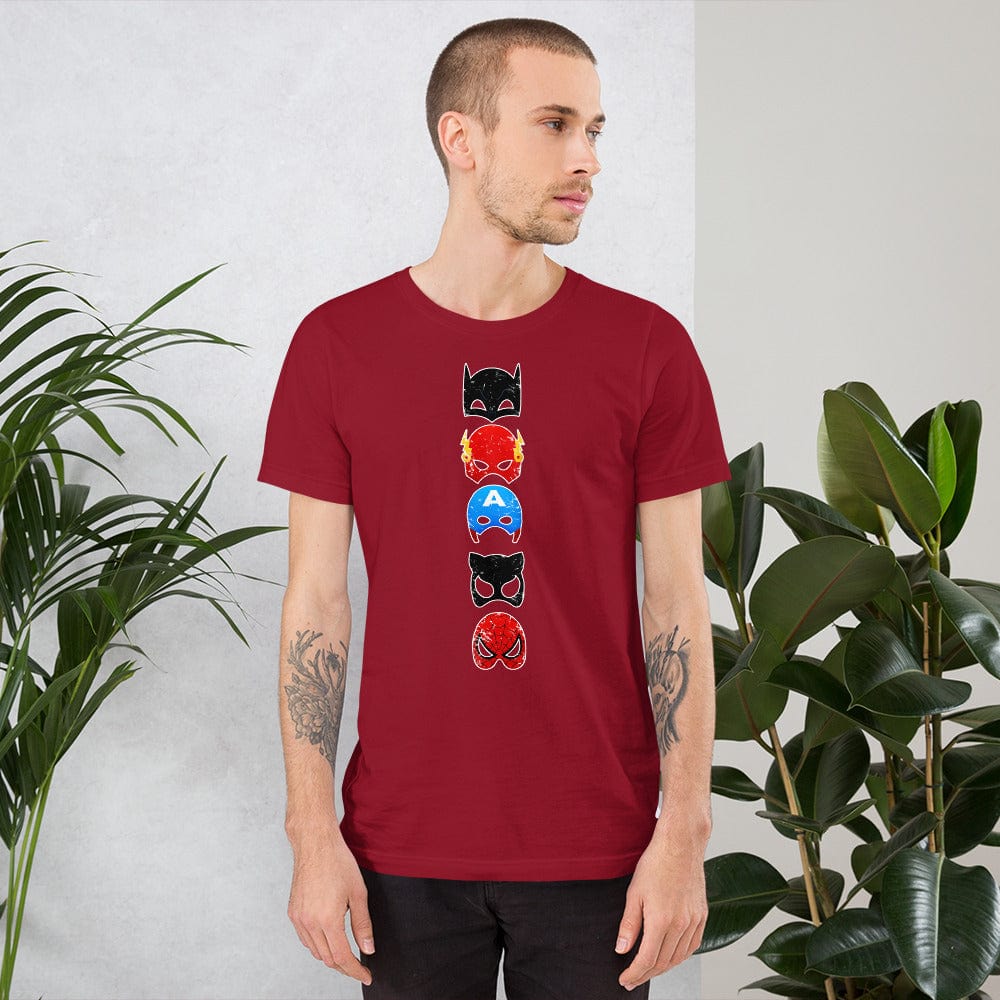 Red Superheroes graphic T-shirt with stacked character face print down the chest