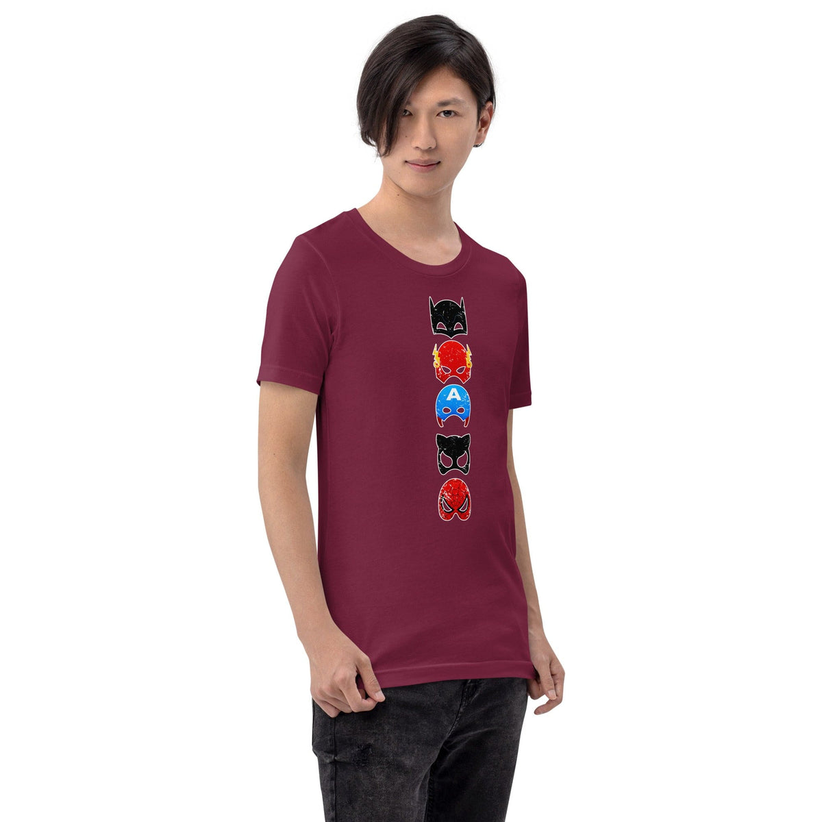 Maroon Superheroes graphic T-shirt with stacked character face print on the front