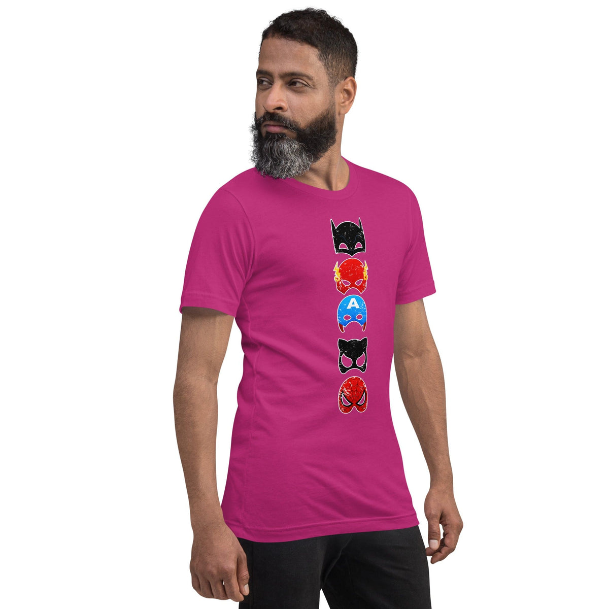 Berry Superheroes graphic T-shirt with stacked character face print centered on the chest
