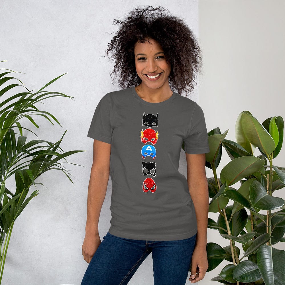 Dark gray T-shirt with vertical stack superhero mask graphic on the chest