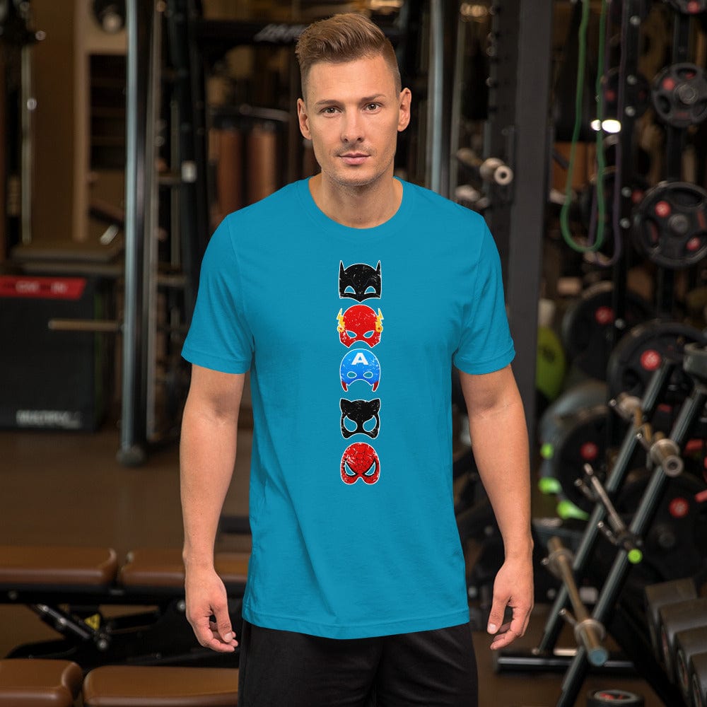 Teal Superheroes graphic T-shirt with stacked character face print at the center chest