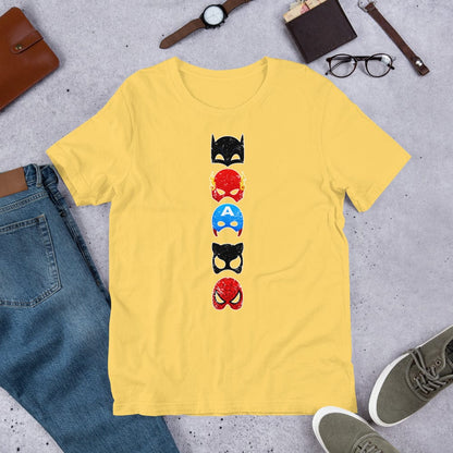 Yellow Superheroes graphic T-shirt with stacked character face print on the front