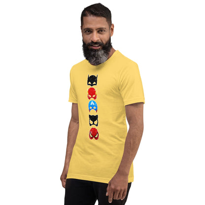 Yellow T-shirt with vertical stack superhero mask graphic on the chest