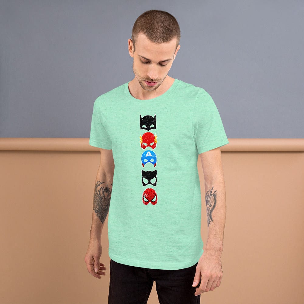 Light mint T-shirt with vertical stack superhero mask graphic on the chest