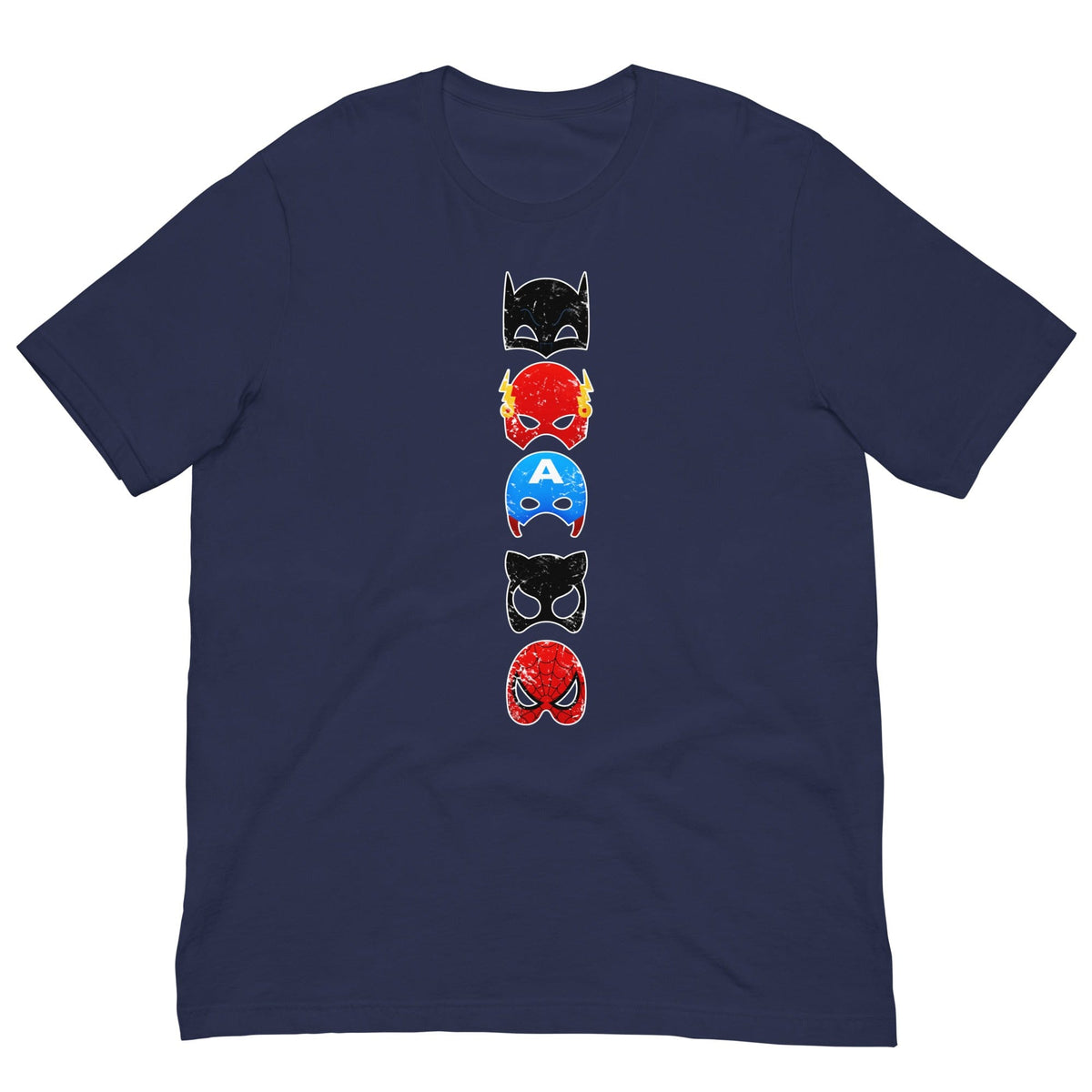 Navy T-shirt with vertical stack superhero mask graphic on the chest
