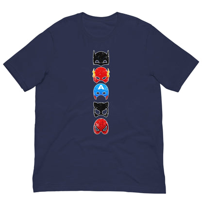 Navy T-shirt with vertical stack superhero mask graphic on the chest