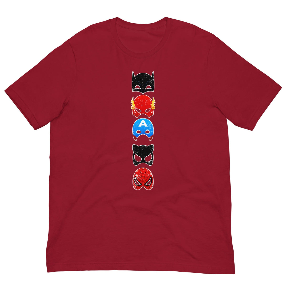 Maroon T-shirt with vertical stack superhero mask graphic on the chest