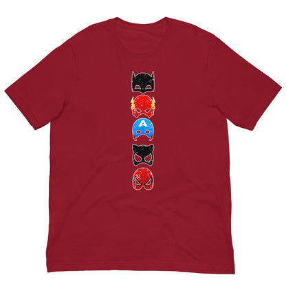 Maroon T-shirt with vertical stack superhero mask graphic on the chest