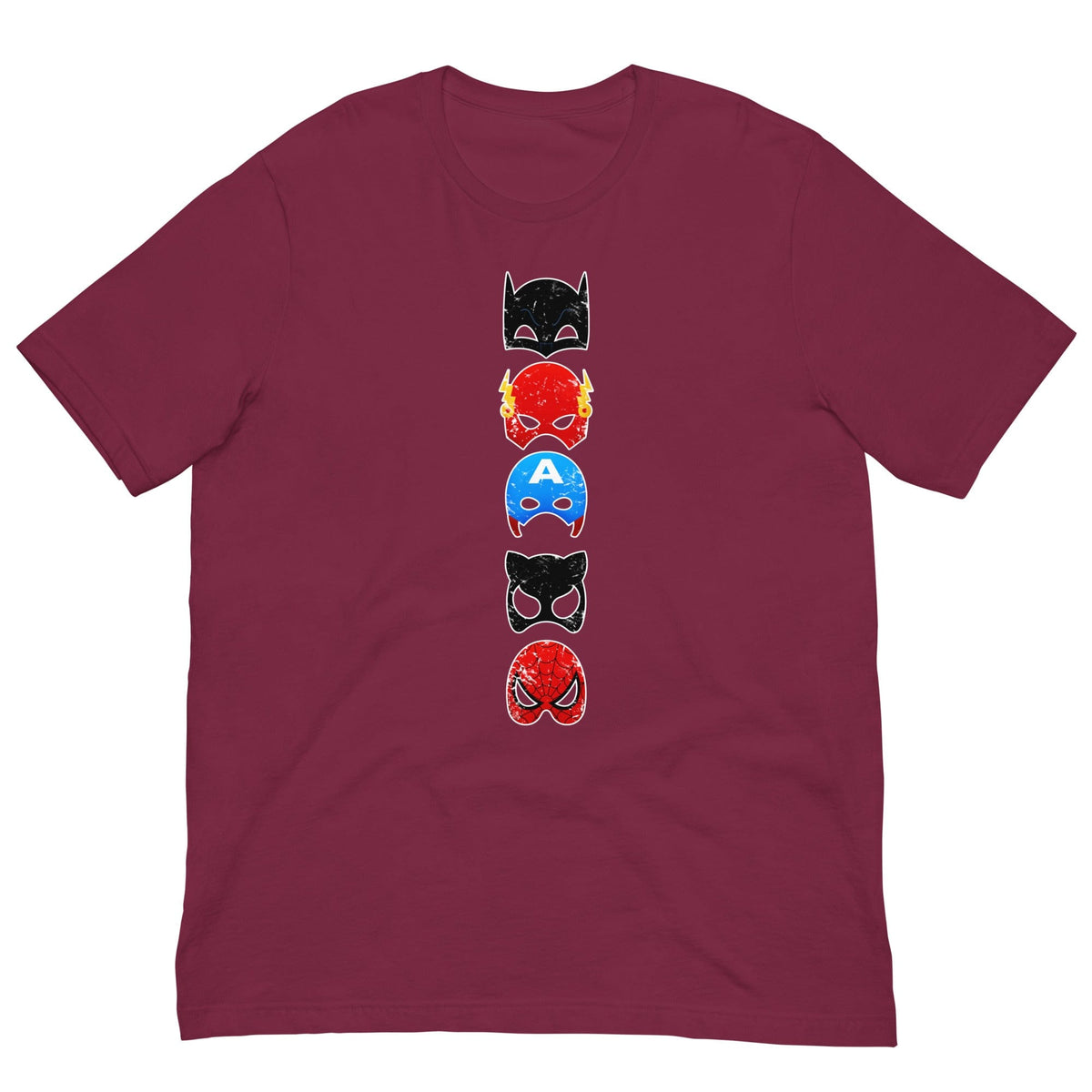 Burgundy T-shirt with vertical stack superhero mask graphic on the chest