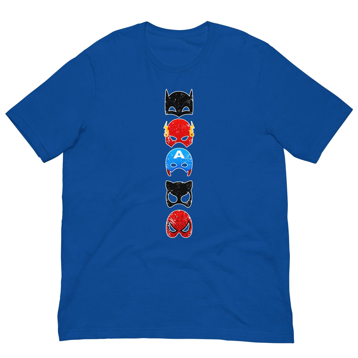 Royal blue T-shirt with vertical stack superhero mask graphic on the chest
