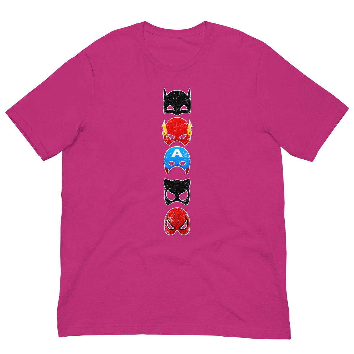 Berry pink T-shirt with vertical stack superhero mask graphic on the chest