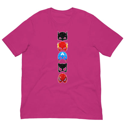 Berry pink T-shirt with vertical stack superhero mask graphic on the chest