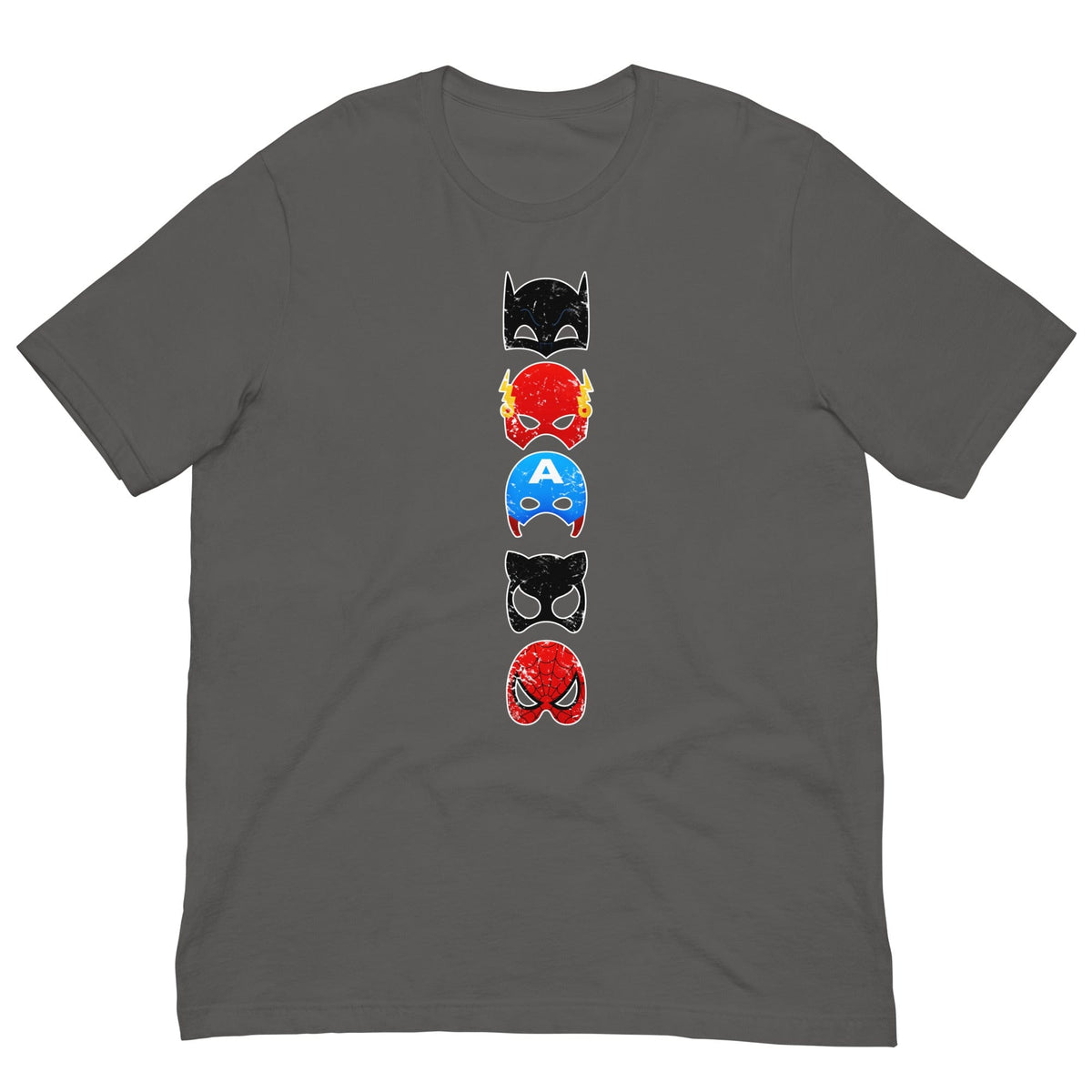 Dark gray T-shirt with vertical multicolor superhero cat face graphic