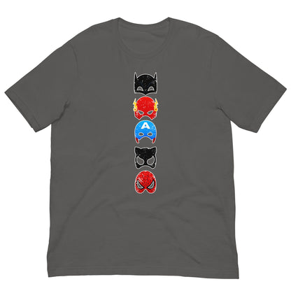 Dark gray T-shirt with vertical multicolor superhero cat face graphic