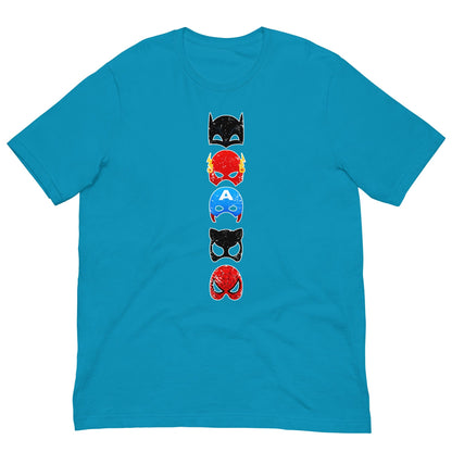Aqua blue T-shirt with vertical stack superhero mask graphic on the chest