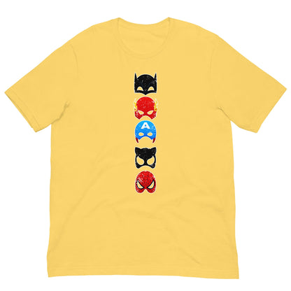 Yellow T-shirt with vertical multicolor superhero cat face graphic