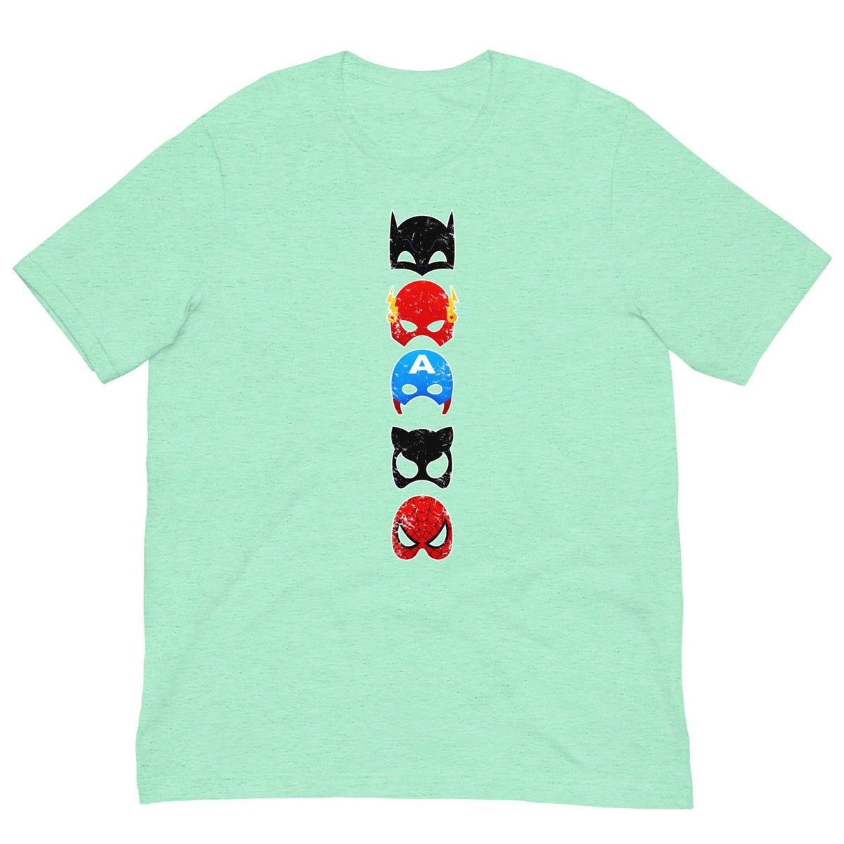 Mint green T-shirt with vertical multicolor superhero cat face graphic