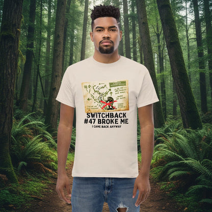 Natural (cream) hiking T-shirt with front map-style graphic and “Switchback #47 Broke Me”