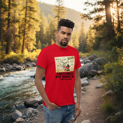 Red hiking T-shirt with front map-style graphic and text “Switchback #47 Broke Me”