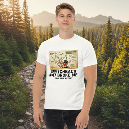 White hiking T-shirt with front map-style graphic and “Switchback #47 Broke Me”