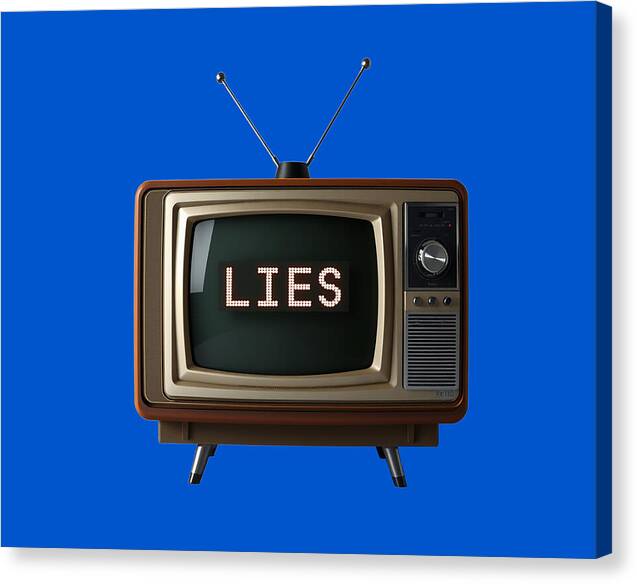 Wrapped canvas print of vintage TV with antennas and 'LIES' text